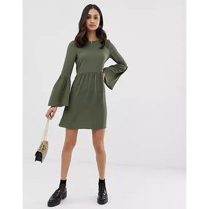 ASOS Fluted Sleeve Smock Mini Dress in Green US 4